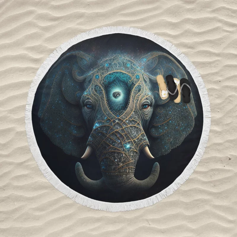 Mystical Elephant Head Illustration Round Beach Towel