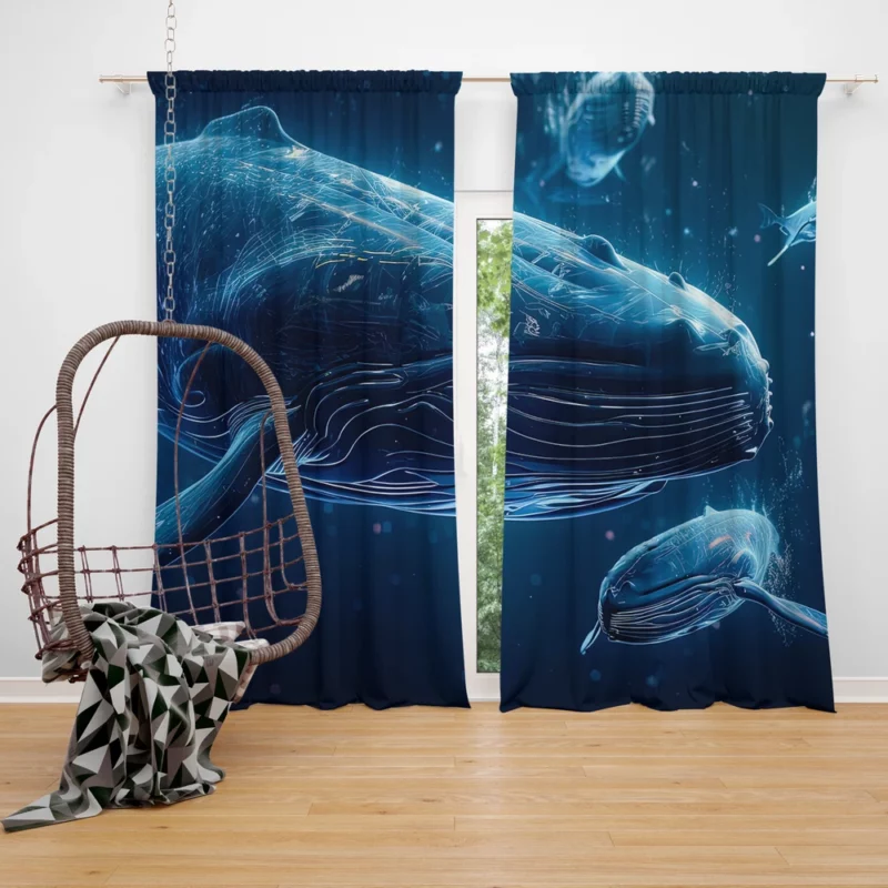 Neon Whales in Space Window Curtain