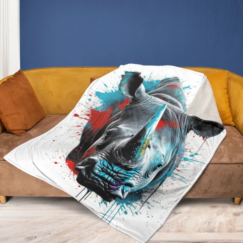 Neonpunk Rhino Head Artwork Fleece Blanket 1