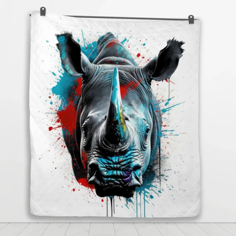 Neonpunk Rhino Head Artwork Quilt Blanket 1