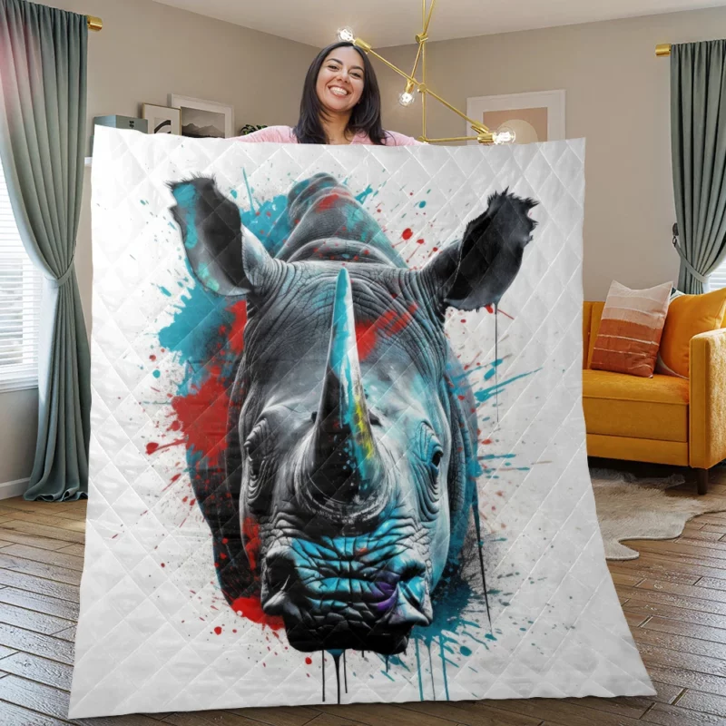 Neonpunk Rhino Head Artwork Quilt Blanket