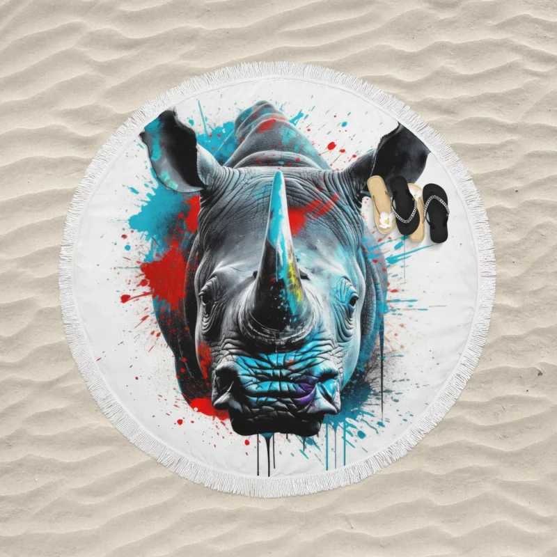 Neonpunk Rhino Head Artwork Round Beach Towel