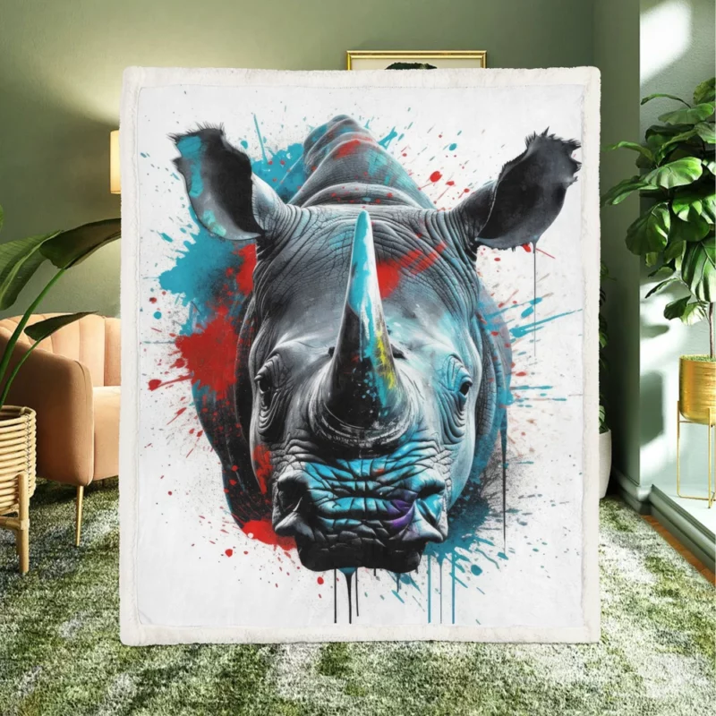 Neonpunk Rhino Head Artwork Sherpa Fleece Blanket