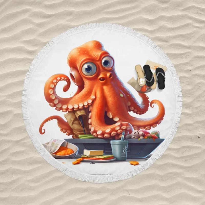 Octopus Cartoon Character Round Beach Towel