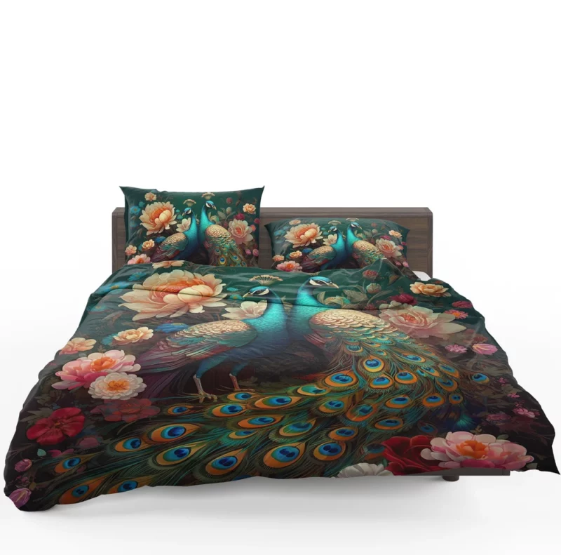 Oriental Exotic Peacock Floral Mural Bedding Set 1