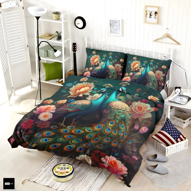 Oriental Exotic Peacock Floral Mural Bedding Set