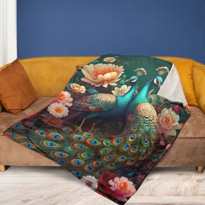 Oriental Exotic Peacock Floral Mural Fleece Blanket 1