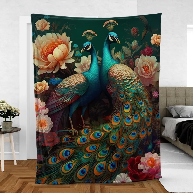 Oriental Exotic Peacock Floral Mural Fleece Blanket