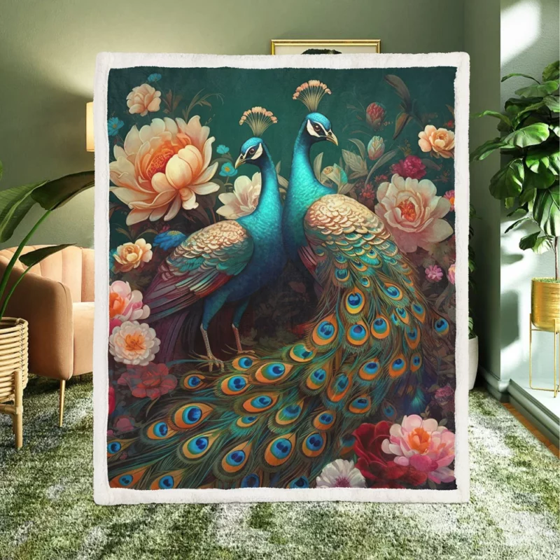 Oriental Exotic Peacock Floral Mural Sherpa Fleece Blanket