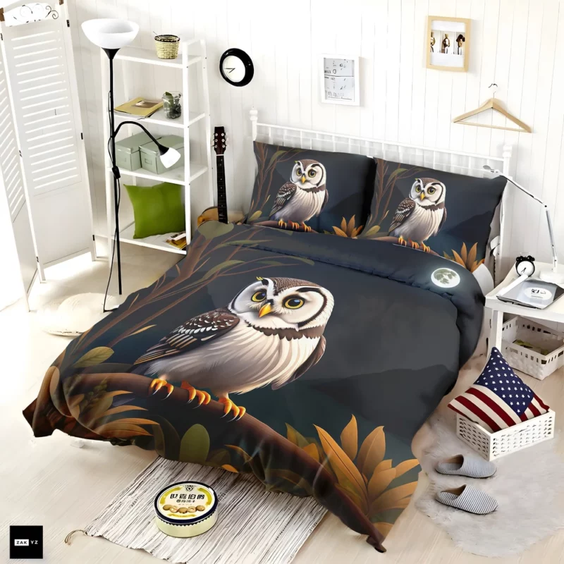 Owl Sitting on Branch Under Moon Bedding Set