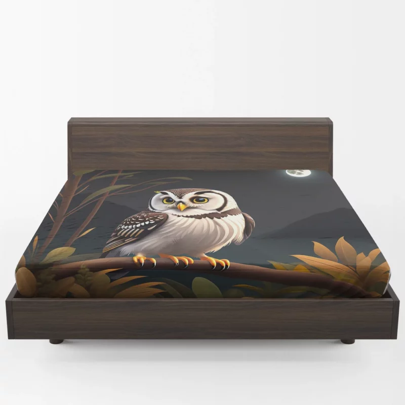 Owl Sitting on Branch Under Moon Fitted Sheet 1