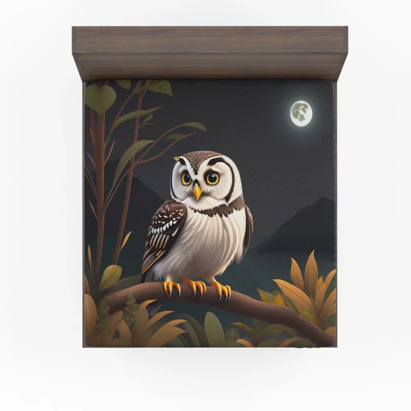 Owl Sitting on Branch Under Moon Fitted Sheet