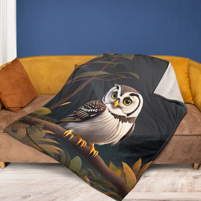 Owl Sitting on Branch Under Moon Fleece Blanket 1