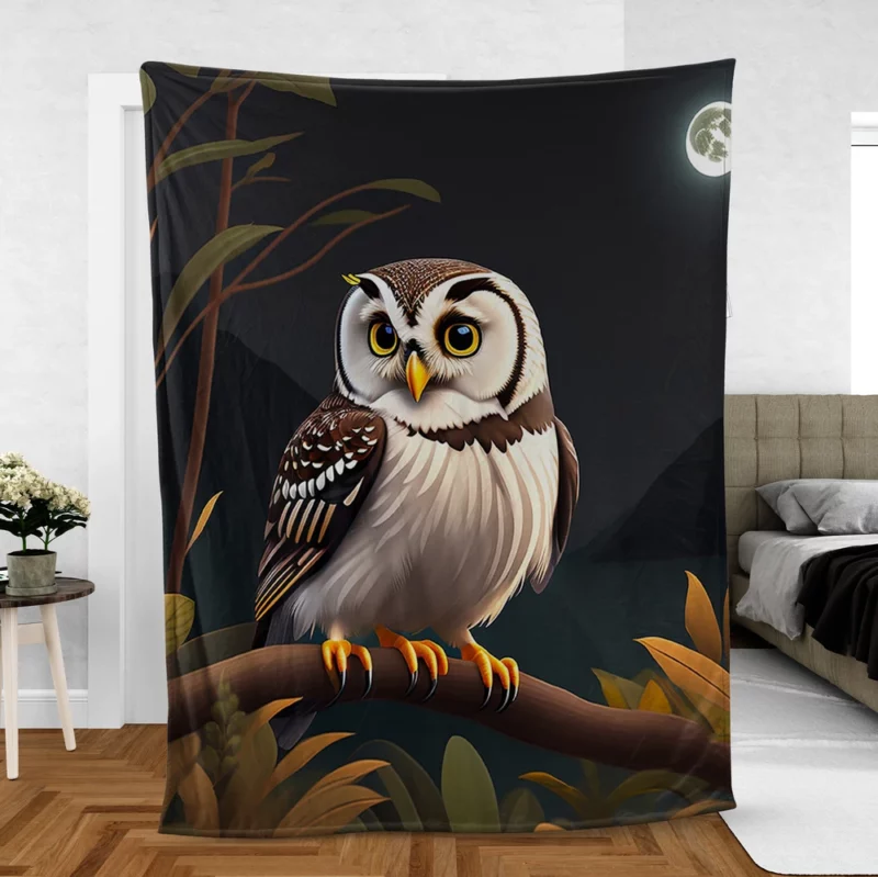 Owl Sitting on Branch Under Moon Fleece Blanket