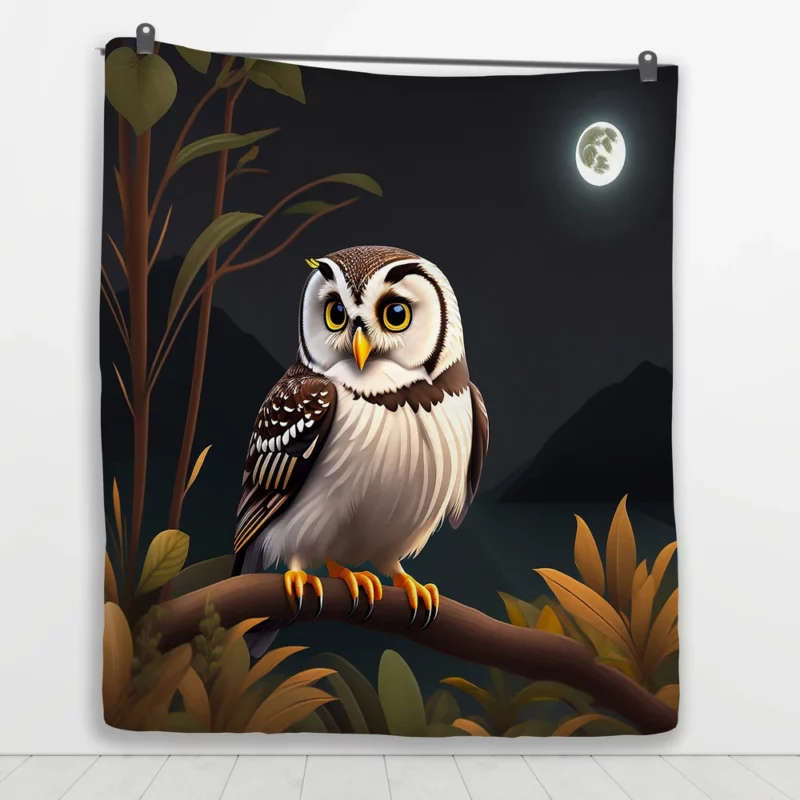 Owl Sitting on Branch Under Moon Quilt Blanket 1