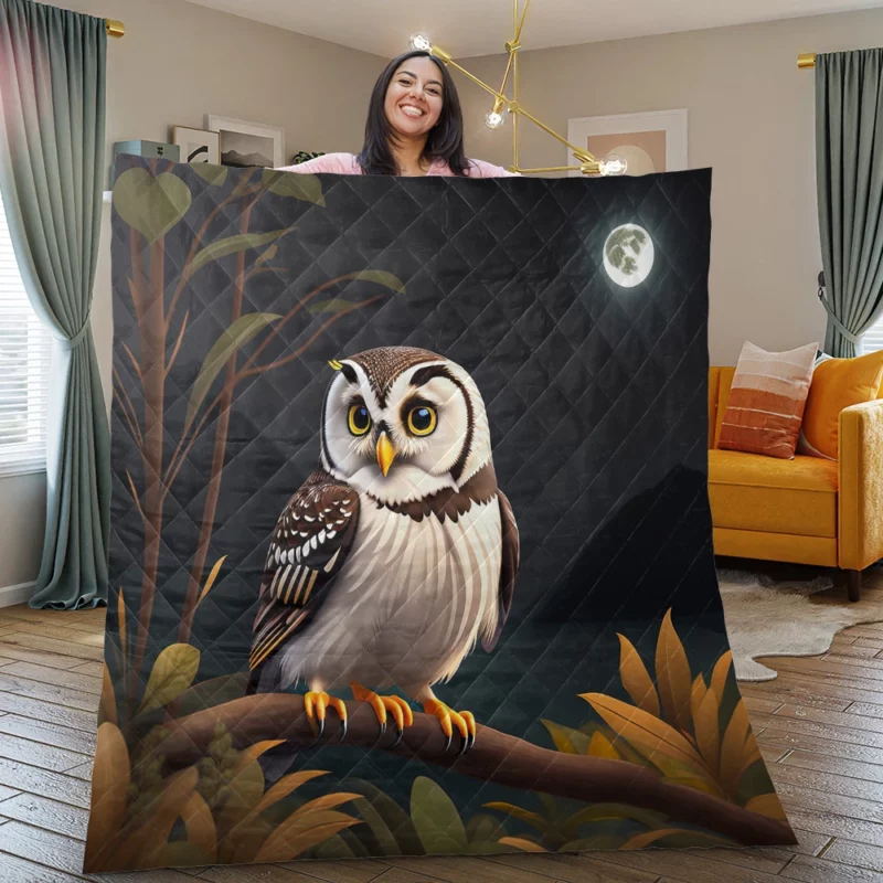 Owl Sitting on Branch Under Moon Quilt Blanket