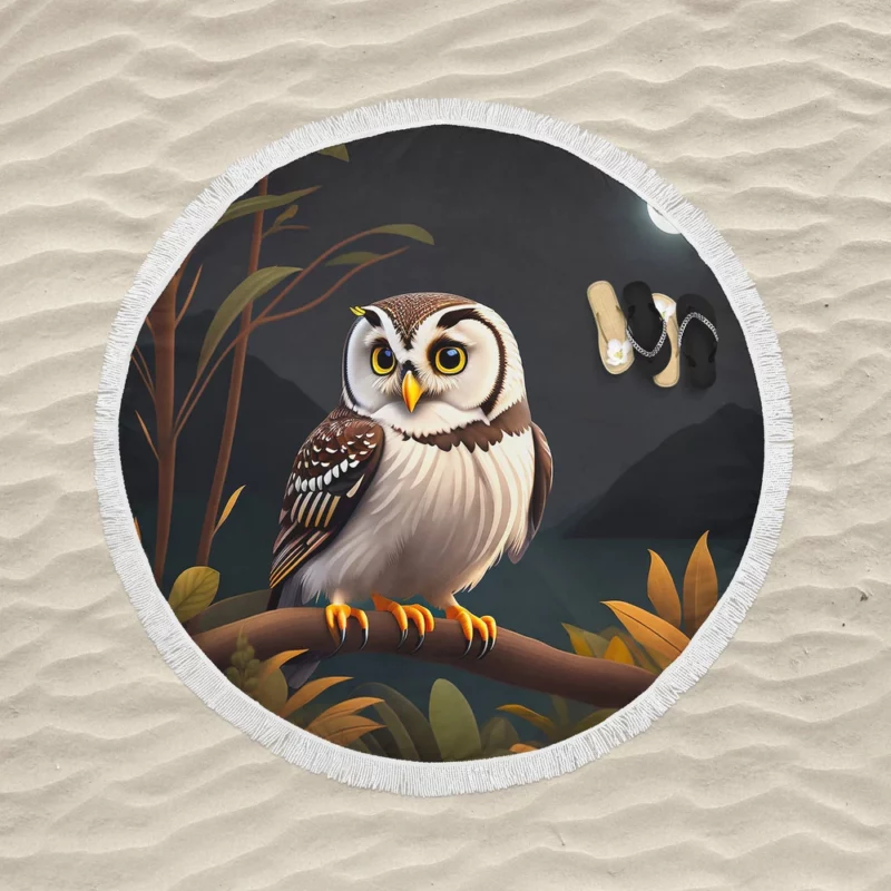 Owl Sitting on Branch Under Moon Round Beach Towel