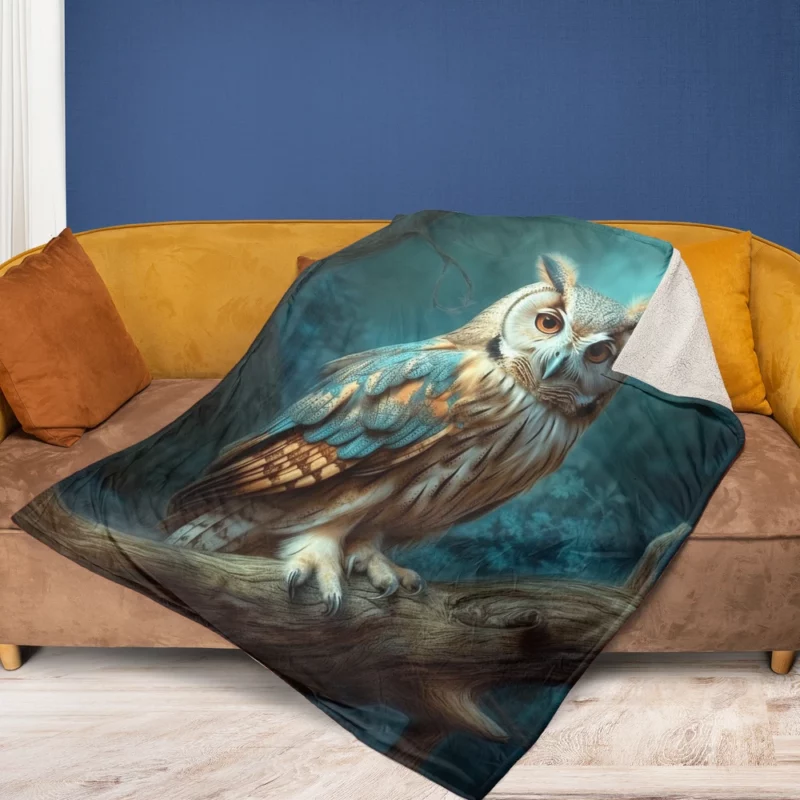 Owl Sitting on Tree Branch Fleece Blanket 1