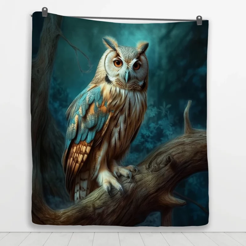 Owl Sitting on Tree Branch Quilt Blanket 1