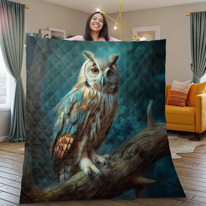 Owl Sitting on Tree Branch Quilt Blanket