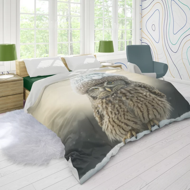 Owl Wearing Beanie Hat Duvet Cover