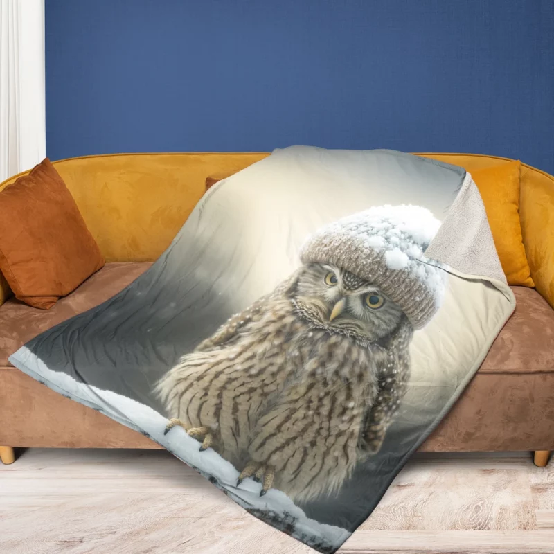 Owl Wearing Beanie Hat Fleece Blanket 1