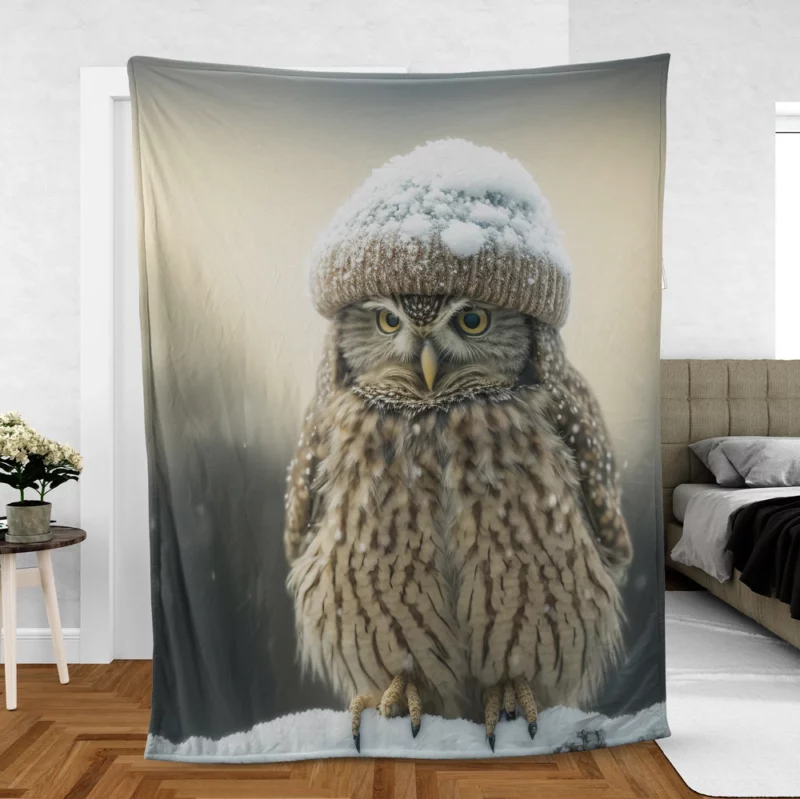 Owl Wearing Beanie Hat Fleece Blanket