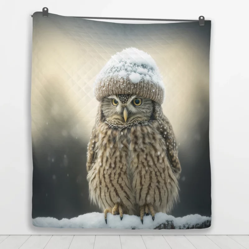 Owl Wearing Beanie Hat Quilt Blanket 1