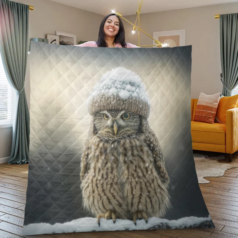 Owl Wearing Beanie Hat Quilt Blanket