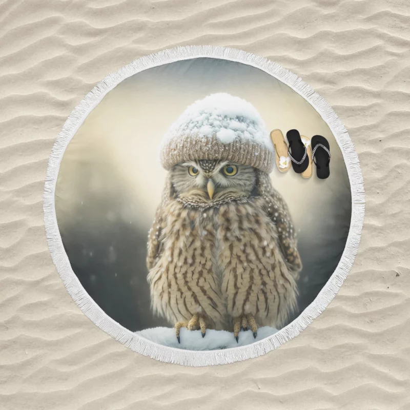 Owl Wearing Beanie Hat Round Beach Towel