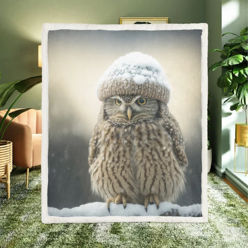 Owl Wearing Beanie Hat Sherpa Fleece Blanket