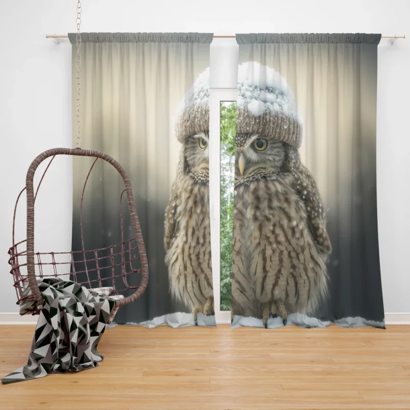 Owl Wearing Beanie Hat Window Curtain