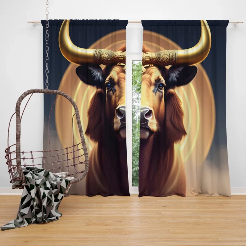 Painted Bull With Gold Ring Window Curtain