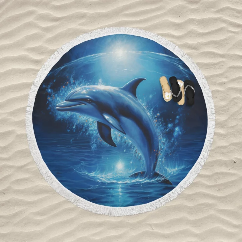 Painted Jumping Dolphin Round Beach Towel