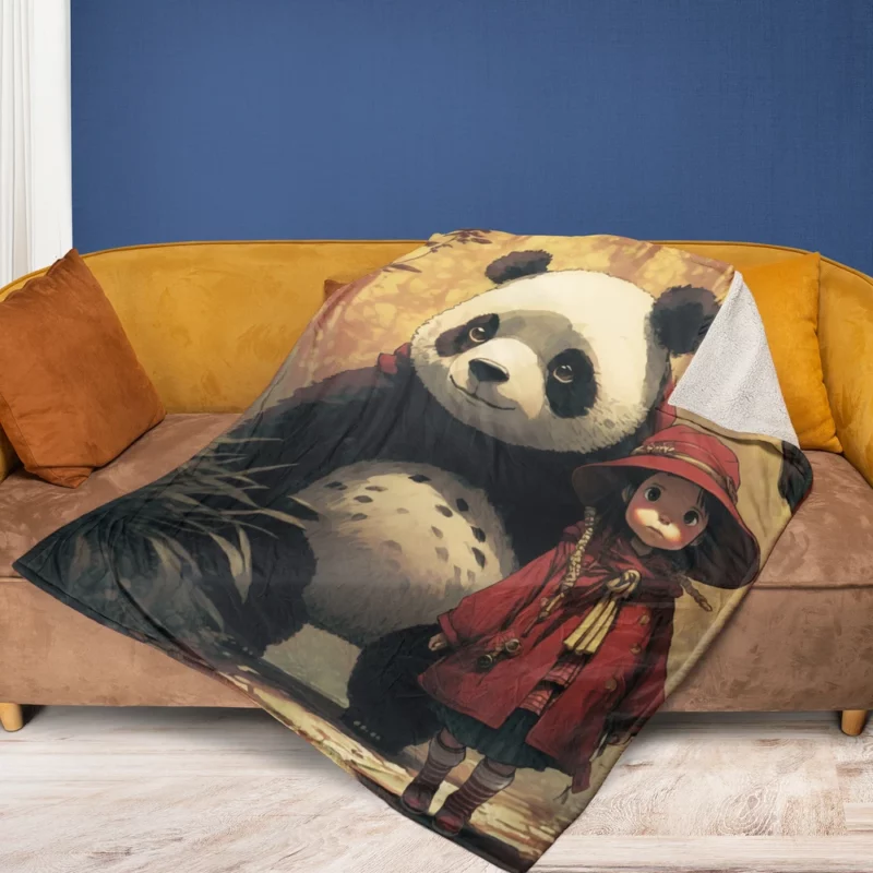 Panda Girl in the Forest Fleece Blanket 1