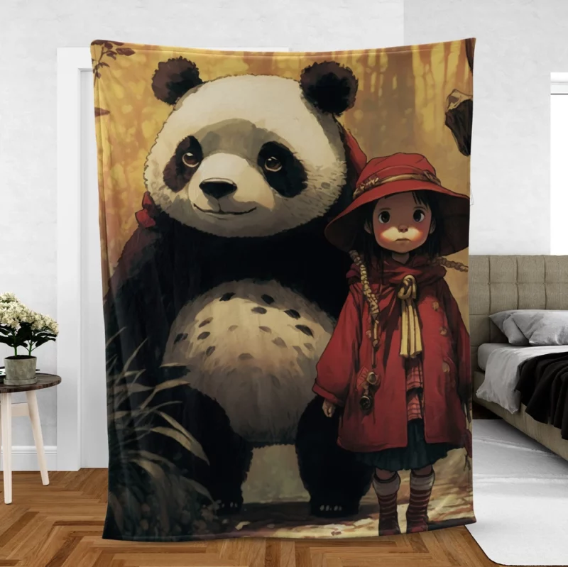 Panda Girl in the Forest Fleece Blanket