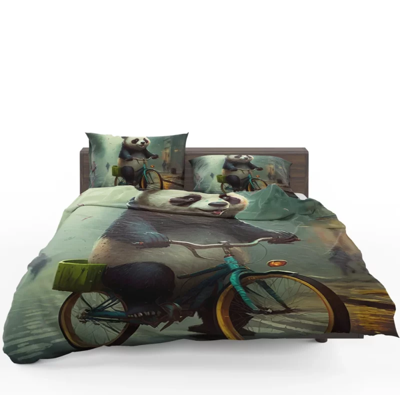 Panda Riding Bike in Rain Bedding Set 1