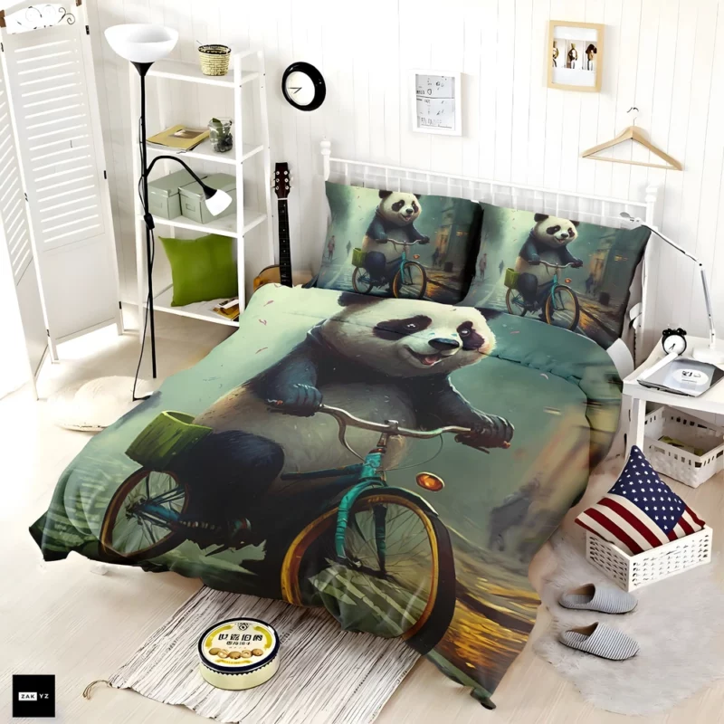 Panda Riding Bike in Rain Bedding Set