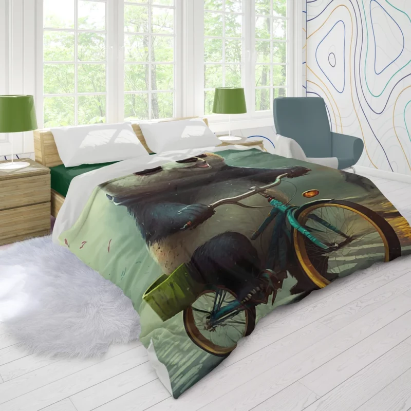 Panda Riding Bike in Rain Duvet Cover