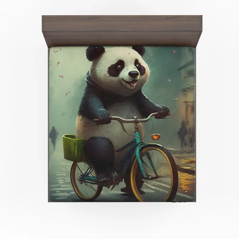 Panda Riding Bike in Rain Fitted Sheet