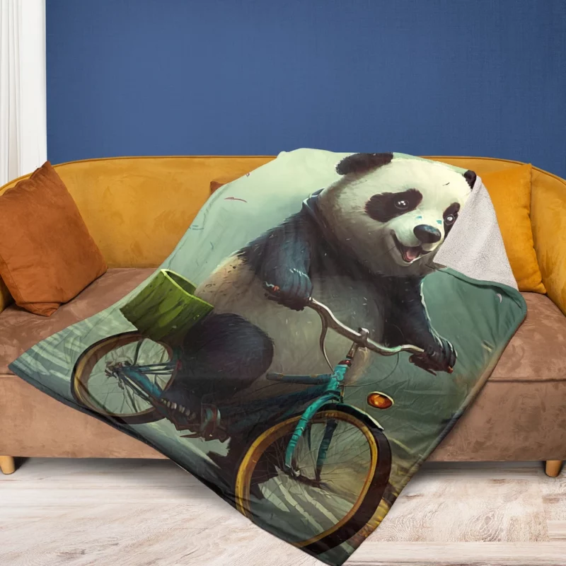 Panda Riding Bike in Rain Fleece Blanket 1