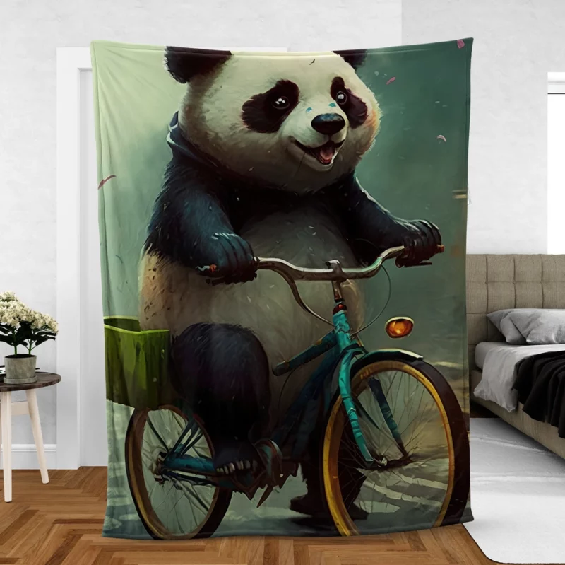 Panda Riding Bike in Rain Fleece Blanket