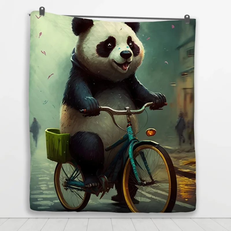 Panda Riding Bike in Rain Quilt Blanket 1