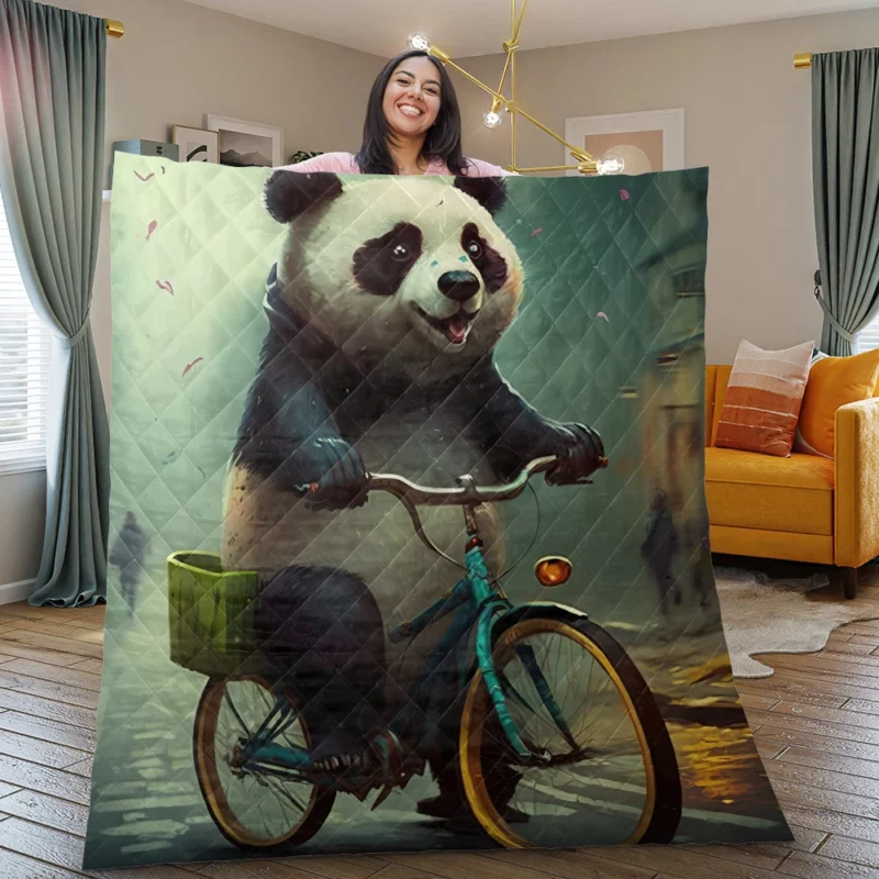 Panda Riding Bike in Rain Quilt Blanket