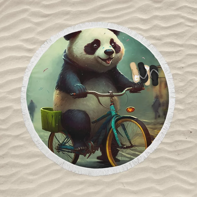 Panda Riding Bike in Rain Round Beach Towel