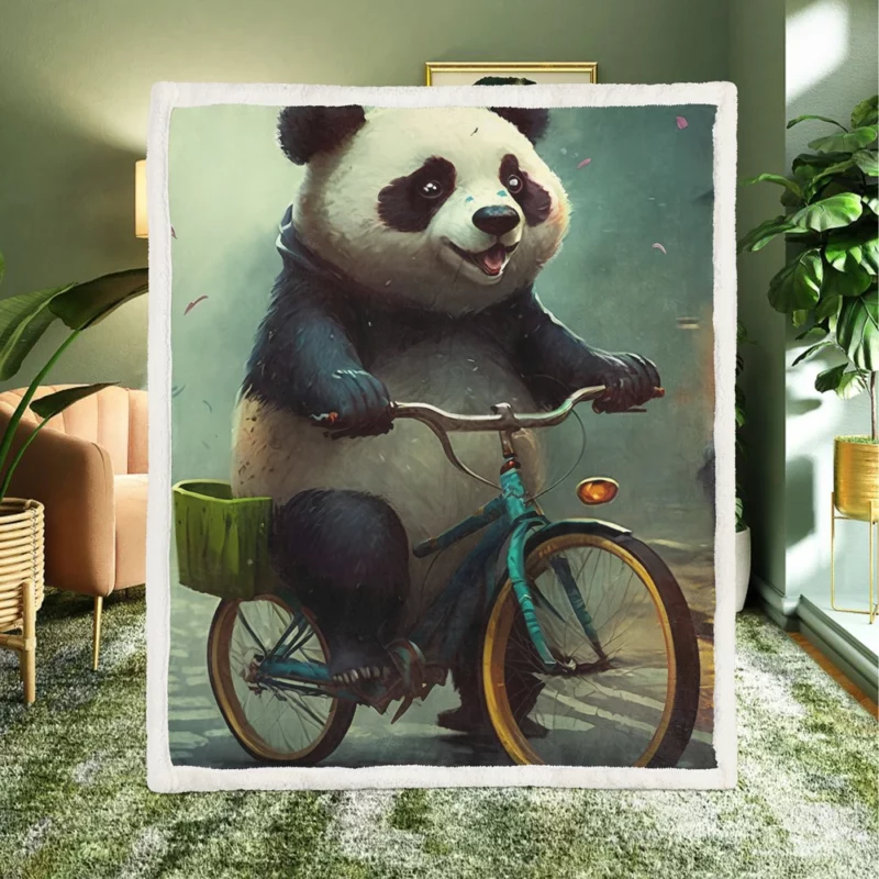 Panda Riding Bike in Rain Sherpa Fleece Blanket