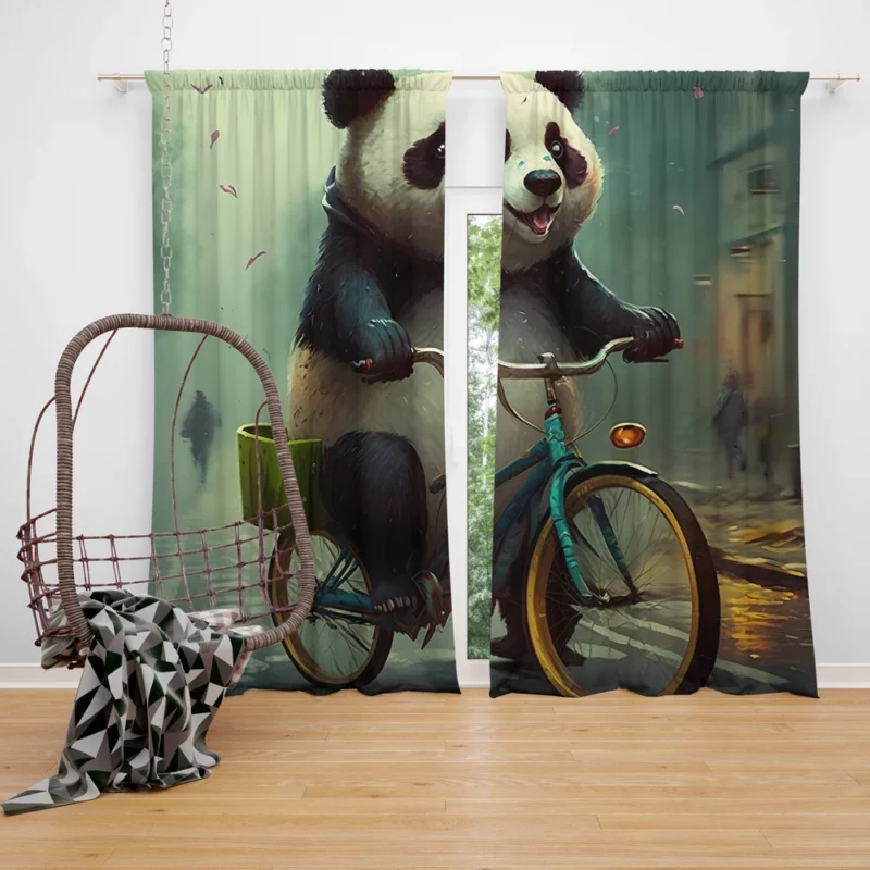 Panda Riding Bike in Rain Window Curtain