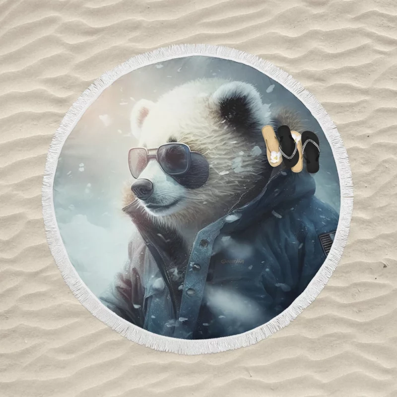 Panda Wearing Goggles in Snow Round Beach Towel