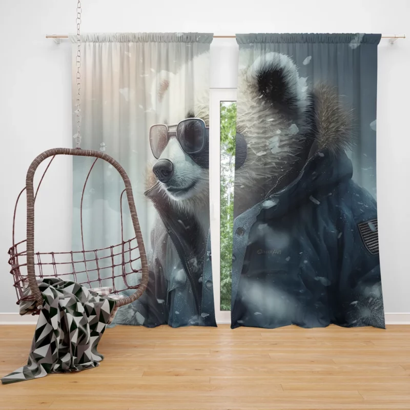 Panda Wearing Goggles in Snow Window Curtain