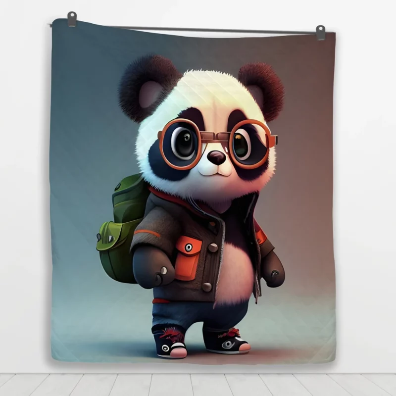 Panda With Glasses and Jacket Quilt Blanket 1